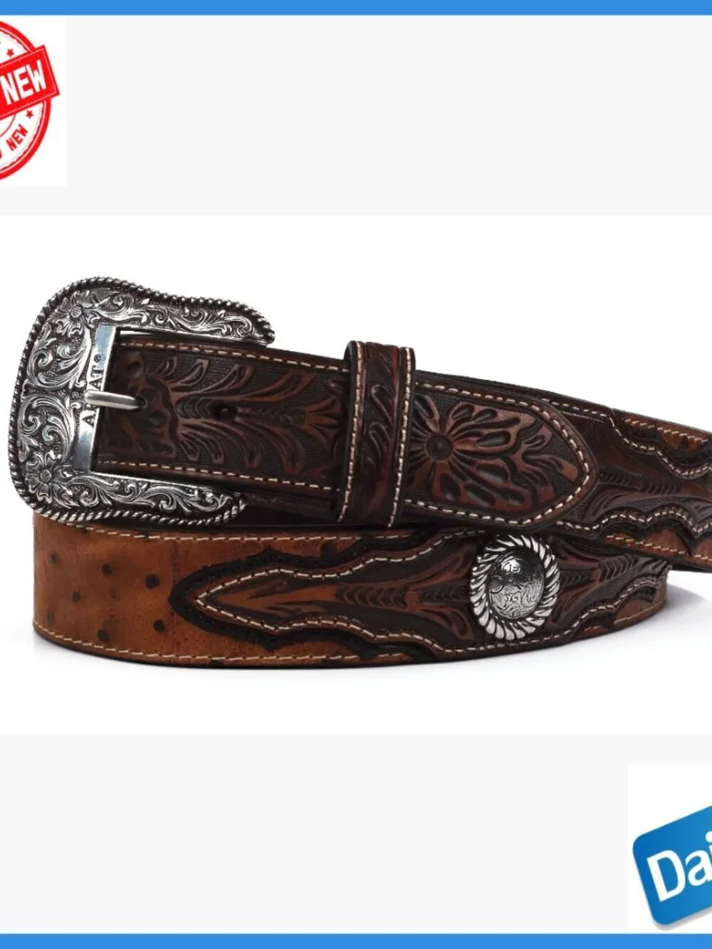 Men's Faux Ostrich Leather Belt with Floral Emboss and Silver Conchos
